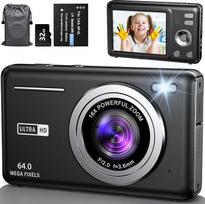 „AutoFocus“ 4K 64 MP skaitmeninis fotoaparatas su 16 kartų skaitmeniniu priartinimu ir 32GB SD kortele, kompaktiškas fotoaparatas su 2,8 colio dideliu ekranu, skirtas paaugliams, suaugusiems ir pradedantiesiems (juodos spalvos)