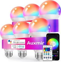 „Auxmir“ išmanioji lemputė E27, „WLAN“ LED lempa, 800 LM, RGBWW, reguliuojamas šviesos stiprumas, 6 vnt. rinkinys