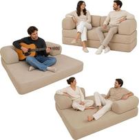 „bananair“ – dvivietė modulinė sofa-lova, pagaminta iš didelio tankio putų ir velvetinio audinio, be vidinių rėmų, suspausta (smėlio spalvos)