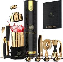 „BarDeluxe“ kokteilių rinkinys, 12 dalių, barmeno rinkinys, kokteilių maišymo rinkinys, 750 ml nerūdijančio plieno kokteilių plaktuvas, kokteilių plaktuvų rinkinys, barmeno rinkinys, prabangus kokteilių dovanų rinkinys, maišelis ir receptų knyga (auksinis