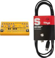 „Behringer TD-3-AM“ analoginis bosinės linijos sintezatorius su VCO, VCF, 16 pakopų sekvenatoriumi, iškraipymo efektais ir 16 balsų polifonija bei „Poly Chain & Stagg SMD2 E“ MIDI kabelis (2 m, DIN (vyriškas) – DIN (vyriškas))