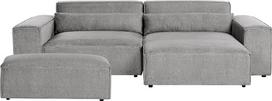 „Beliani“ modulinė dvivietė kampinė sofa, pilkos spalvos audinio apmušalai, šezlongas kairėje, pufas, pagalvėlės „Hellnar“
