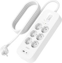 „Belkin“ 6 lizdų elektros išplėtimo blokas su apsauga nuo viršįtampių, USB-C ir USB-A jungtimis, 2 m ilgio kabeliu | Išplėtimo kabelis su USB-C ir USB-A jungtimis, skirtas montuoti ant sienos, 6 lizdų, 2 m ilgio maitinimo laidas, 650 J, indikatorinė lempu