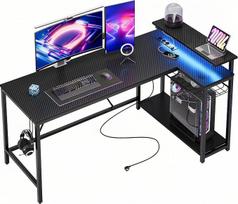 „Bestier“ žaidimų stalas su LED apšvietimu, kampinis stalas su 2 USB įkrovimo prievadais ir 3 kintamosios srovės lizdais, L formos žaidimų stalas su lentynėle ir monitoriaus laikikliu, didelis stalas biurui ar miegamajam, 147 cm