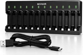 „BEVIGOR“ NiMH akumuliatorių įkroviklis su 12 lizdais, USB-C, skirtas AA ir AAA tipo akumuliatoriams, kompaktiškas