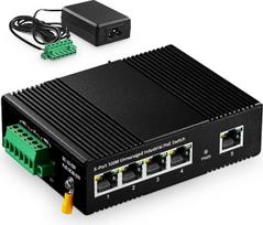 „Binardat“ 5 prievadų PoE DIN bėgelio pramoninis Ethernet komutatorius, 4 PoE prievadai pagal IEEE 802.3af/at standartą, 1 uplink prievadas, 10/100Mbps, be ventiliatoriaus, skirtas montuoti ant sienos, su 60 W PoE maitinimo šaltiniu