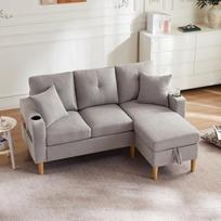 „Bladez“ L formos sofa su šezlongu – 3-vietė kampinė sofa su daiktų laikymo ertmėmis ir gėrimų laikikliais, dvipusė sofa su 2 pagalvėlėmis, medvilnės ir lino sofa, skirta svetainei, biurui ir namams (šviesiai pilka)