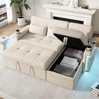 „Bladez“ L formos kampinė sofa su miego funkcija, sofa-lova su LED apšvietimu ir USB jungtimis, 3-vietė šenilinė sofa su daiktų laikymo ertmėmis, šezlongas svetainei (smėlio spalvos, su LED apšvietimu)