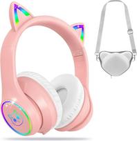 „Bluetooth“ ausinės vaikams su dėklu, belaidės ir laidinės „Bluetooth“ ausinės vaikams su LED lemputėmis, kačių ausimis, sulankstomos, reguliuojamos, ant ausų uždedamos ausinės vaikams, skirtos mokyklai ir kelionėms (rožinės spalvos)