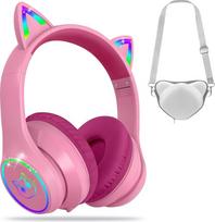 „Bluetooth“ ausinės vaikams su dėklu, belaidės ir laidinės „Bluetooth“ ausinės vaikams su LED lemputėmis, kačių ausimis, sulankstomos, reguliuojamos, ant ausų uždedamos ausinės vaikams, skirtos mokyklai ir kelionėms (rožinė)