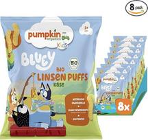 „Bluey Bio Kids Nibble“ užkandis, 8 vnt. lęšių traškučių su sūriu ir 100 % ekologiškais moliūgais