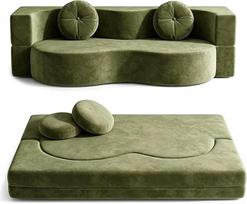 „Boneless“ sofa, išskleidžiama sofa-lova, skirta svetainei, kompaktiška dvivietė sofa su didelio tankio putomis, nuimamas audinio apvalkalas, nereikia surinkti, 2 pagalvėlės (žalia, 150 x 100 cm)