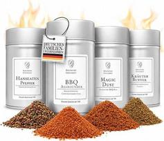 „Boomers Gourmet“ – dovanų rinkinys vyrams su kepsnių prieskoniais | 4 vnt. kepsnių prieskonių rinkinys su „Magic Dust Rub“, žolelių sviestu, „BBQ Allrounder“ ir „Hanseaten Pepper“ | Dovanos vyrams, mėgstantiems kepsnius | 450 g