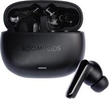 „Boompods Echobuds ANC“ belaidės „Bluetooth“ ausinės – į ausį įdedamos ausinės su aktyviąja triukšmo slopinimo funkcija, 26 valandų grojimo trukme, įkrovimo dėklu ir valdymu liečiant, atsparios vandeniui sportinės ausinės, juodos spalvos