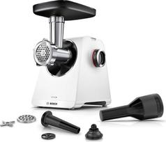 „Bosch MultiPower MFWS607W“ 6 serijos mėsmalė, 2 perforuoti diskai (4,5 ir 8 mm), nerūdijantis plienas, tinka plauti indaplovėje, „Kebbe“ ir dešrų formavimo priedai, variklio galia 2100 W, balta