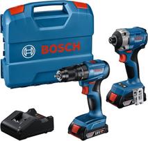 „Bosch Professional“ 18 V sistemos akumuliatorinis smūginis veržliaraktis GDR 18V-215 + gręžtuvas GSB 185-LI (komplekte su 2 akumuliatoriais GBA 18V 2,0 Ah, įkrovikliu GAL 18V-20 ir dėklu)