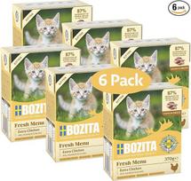 „Bozita Tetra“ užkandžiai padaže su vištiena kačiukams – 6 x 370 g aukščiausios kokybės kačių ėdalas be grūdų ir cukraus, be GMO, kurio sudėtyje yra 7,5 % baltymų ir 5 % riebalų – skanus šlapias ėdalas jauniems katėms