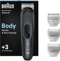 „Braun Bodygroomer“ serijos 3 elektrinis kūno skustuvas vyrams su 3 priedais, belaidis trimmeris intymioms sritims ir kūnui, 80 minučių veikimo baterija, vandeniui atsparus kūno plaukų trimmeris, BG3340, juodas/pilkas