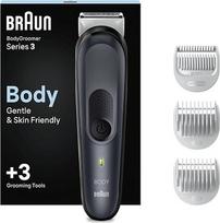 „Braun Body Groomer 3“ – vyrams skirtas kūno plaukų priežiūros prietaisas su „SkinShield“ technologija, jautriems odos tipams skirtu šukeliu, tinkamas naudoti tiek ant sausos, tiek ant drėgnos odos, 100 % atsparus vandeniui, su Jungtinės Karalystės kištuk
