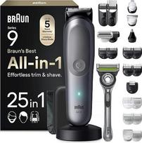 „Braun Multigroom AIO9565 All-in-One Series 9“ 25-in-1 trimmeris – pilkos spalvos | Barzdos trimmeris, nosies plaukų trimmeris, plaukų kirpimo mašinėlė, 14 ilgio nustatymų, 120 minučių veikimo laikas. Vandeniui atsparus akumuliatorius, komplekte – „Gillet