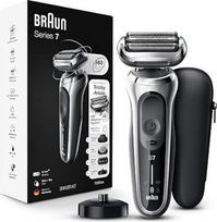 „Braun Series 7 7032cs Flex“ elektrinis skustuvas vyrams su barzdos kirpikliu ir įkrovimo stovu, skirtas skustis tiek ant sauso, tiek ant drėgno veido, įkraunamas, bevielis folijinis skustuvas, sidabrinis