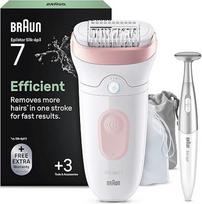„Braun Silk-épil 7“ moterų epiliatorius, skirtas ilgalaikiam plaukų šalinimui, moterų skustuvas, atsparus vandeniui, komplekte su skustuvo antgaliu ir trimmerio antgaliu, 7-030, baltas/flamingo rožinis