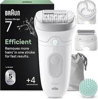 „Braun Silk·épil 7 SkinSpa“ visapusiškas rinkinys – epiliatorius su plačia galvute, skirtas lengvai pašalinti plaukus – tinka naudoti ant drėgnos ir sausos odos – ilgai išliekanti lygi oda – komplekte yra masažinė pagalvėlė, skutimosi galvutė ir kirpimo š