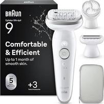 „Braun Silk·épil 9“ elektrinis epiliatorius moterims su kirpimo šukute, odos šveitimo šepetėliu ir dėklu, skirtas plaukų šalinimui, skutimui ir kirpimui, tinka naudoti sausai ir drėgnai, švelnus ir ilgalaikis plaukų šalinimas, 9