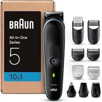 „Braun“ daugiafunkcinis kirpimo rinkinys „All-In-One“ 5, „Multigroom“ 10-in-1, barzdos kirpiklis, nosies plaukų kirpiklis, plaukų kirpiklis veidui, galvai ir kūnui, 100 minučių baterijos veikimo laikas, 14 ilgio nustatymų (3–21 mm), atsparus vandeniui, MG