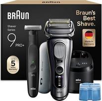 „Braun“ rinkinys su vyrišku elektriniu skustuvu „Series 9 PRO+“, pagamintu Vokietijoje, modelis 9677cce, sidabrinės spalvos + „Series XT3“ veido ir kūno elektriniu skustuvu bei trimmeriu, 45 min. baterijos veikimo trukmė, atsparus vandeniui, modelis XT320