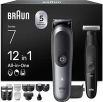 „Braun“ rinkinys su „All-in-One“ serijos 7 modeliu, 12-in-1 „Multigroom“ galvutė veido ir kūno priežiūrai, 120 min. baterija, 14 ilgio nustatymų (3–21 mm), atsparus vandeniui, AIO7545, pilkos spalvos + „Series XT3“ veido ir kūno priežiūros prietaisas, ats