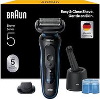 „Braun“ vyriškas elektrinis skustuvas „Series 5“, 52-B7200cc, mėlynas | Belaidis elektrinis skustuvas, barzdos kirpiklis su 50 min. baterija, atsparus vandeniui, pagamintas Vokietijoje, komplekte su priežiūros sistema ir 1 antgaliu