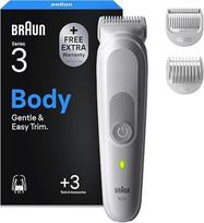 „Braun“ „Series 3“ kūno plaukų kirpiklis + 3 priežiūros priedai su „SkinGuard“ technologija, 80 minučių veikimo laikas, „Sensitive“ funkcija jautrioms sritims, priežiūra ir kirpimas, atsparus vandeniui, BG3530, pilkos spalvos