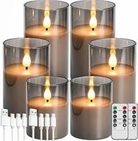 „Broyal“ 6 vnt. LED žvakių rinkinys, įkraunamos, pilkos spalvos stiklinės LED žvakės (15/12,5/10 cm), be liepsnos žvakės su nuotolinio valdymo pultu ir laikmačiu, skirtos namams ir šventiniam Kalėdų dekoravimui