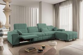 „Bruno XII Mix“ kampinė sofa, 336 x 184 cm, L formos, miego funkcija, daiktų laikymo dėžė, „XXL Living Landscape“, apmušta kampinė sofa, kampinė sofos, USB, reguliuojamos galvos atramos, 26 cm (modelis „Spring 1116“, dešinė pusė)