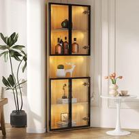 „BTM“ ąžuolinė stiklinė vitrina su durelėmis, kampinė vitrina svetainei, 160 cm LED vitrina, siaura kolekcionierių vitrina, kampinė spintelė