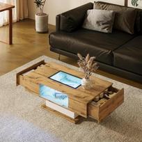 „BTM“ kavos staliukas, svetainės staliukas su spalvą keičiančiu LED apšvietimu, su stiklu, šoninis staliukas su dviem stalčiais, 110 x 40 x 60 (aukštis) cm
