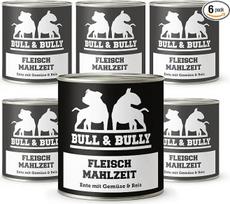 „BULL & BULLY“ mėsos miltai su antiena, daržovėmis ir ryžiais, 6 x 800 g, šlapias šunų maistas, sukurtas bendradarbiaujant su veterinarijos gydytojais - Be glitimo ir dirbtinių priedų – aukščiausios kokybės šunų maistas su dideliu mėsos kiekiu, skirtas ak