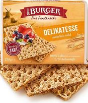 „Burger Crispbread Delikatesse“ 250 g – viso grūdo rugių duonos traškučiai | Tik 2 sudedamosios dalys – 21 % ląstelienos – be mielių – veganiški ir be laktozės – kepami tradiciškai nuo 1923 m.