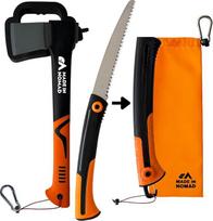 „Bushcraft“ kirvis stovyklavimui, 38 cm + sulankstomas pjūklas, medžio apdirbimui lauke – anglies plieno kirvio ašmenys, transportavimo maišelis, saugos karabinas, virvės, mačetė, stovyklavimo ir išgyvenimo įranga bei „Vanlife“ reikmenys, ypač tvirti ir i