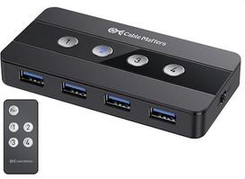 „Cable Matters“ 4 prievadų USB 3.0 komutatorius, skirtas 4 kompiuteriams, palaiko USB-C jungtį | 4 įėjimai/4 išėjimai, perjungimas mygtuku arba nuotolinio valdymo pultu, USB-C adapteris įtrauktas į komplektą
