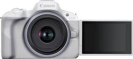 „Canon EOS R50“ sistemos fotoaparatas + RF-S 18–45 is STM objektyvas – veidrodinis fotoaparatas (skaitmeninis fotoaparatas su automatiniu fokusavimu ir akių, gyvūnų bei transporto priemonių motyvų atpažinimu, 4K vaizdo kamera, 15 kadrų per sekundę) Baltas