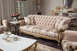 „Casa Padrino“ prabangus baroko stiliaus svetainės sofos komplektas, rožinis/auksinis, 220 x 82 x aukštis 95 cm – iš masyvios medienos pagaminta sofa su elegantišku raštu ir dekoratyvinėmis pagalvėlėmis – baroko stiliaus svetainės baldai