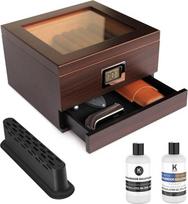 „CASE ELEGANCE“ skaitmeninis higrometras su humidoriumi, pagamintas iš ispaninio kedro medžio, imituojančio vyšnios medžio tekstūrą, su vitrina, įmontuotu magnetiniu užraktu ir priedų stalčiumi