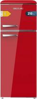 „Cecotec Bolero CoolMarket 2D Origin 215 Red E“ šaldytuvas su dvejomis durimis, retro stiliaus, 215 l talpos, aukštis 148,2 cm, plotis 55,2 cm, LED apšvietimas, chromuota rankena, stiklinės lentynos, temperatūros reguliavimas, raudonos spalvos