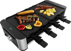 „Cecotec Raclette Cheese&Grill 16000 Inox Black“, 8 asmenims, 1400 W galingumo grilis, 40 x 22 cm, reguliuojamas termostatas, nelipni kepimo plokštė, komplekte – 8 keptuvėlės ir 8 mentelės.