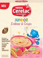 „CERELAC Junior“ grūdų košė su braškėmis ir traškučiais, skirta vaikams nuo 12 mėnesių, 1 pakuotė (1 x 200 g)