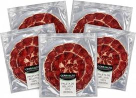 „CERROALTO“ peties gabalas, pagamintas iš 100 % Iberijos veislės „Pata Negra“ kiaulių, penėtų gilėmis (rankomis supjaustytas) 100 g (15 vokelių)