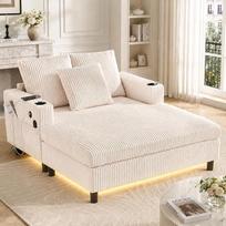 „Chaise Longue“ sofos-lova, sofa su LED apšvietimu, USB-C jungtimi, 2 pagalvėlėmis ir gėrimų laikikliais, sofos-lova, skirta svetainei ir miegamajam, smėlio spalvos