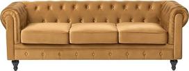 „Chesterfield Classic“ trisėdė sofa iš aksomo audinio, garstyčių geltonumo spalvos